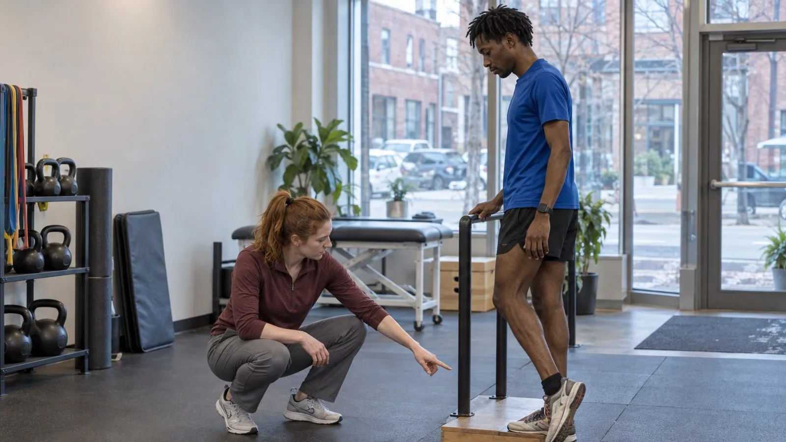 A physiotherapist carefully checks a patient’s shoulder movement in a private assessment room