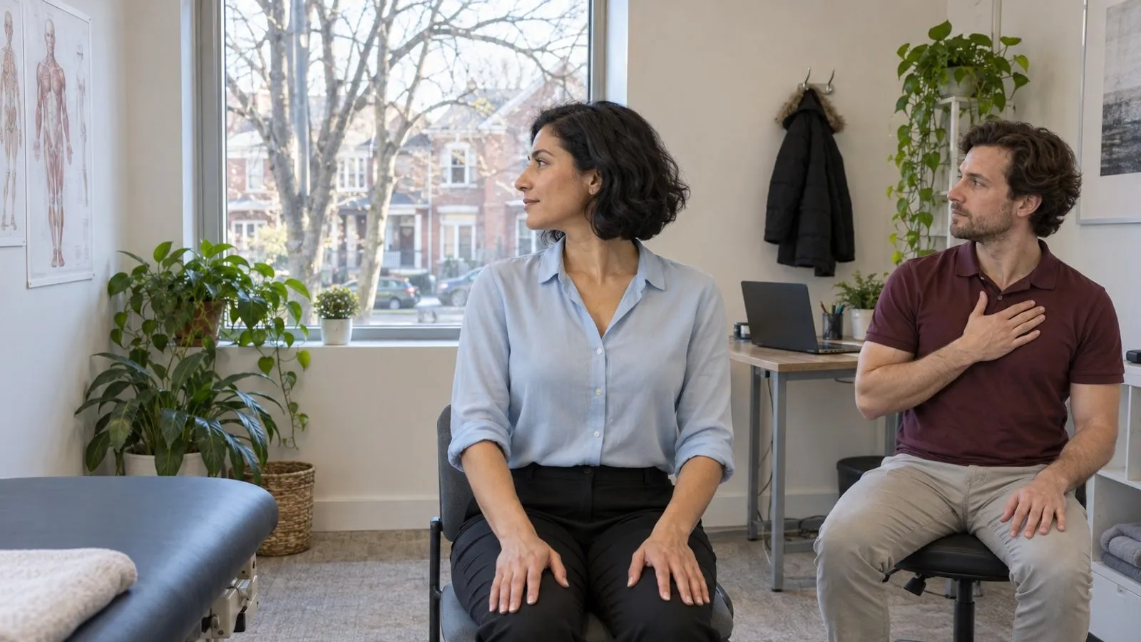 A physiotherapist carefully checks a patient’s shoulder movement in a private assessment room
