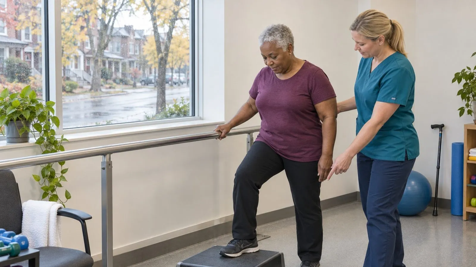 A physiotherapist carefully checks a patient’s shoulder movement in a private assessment room