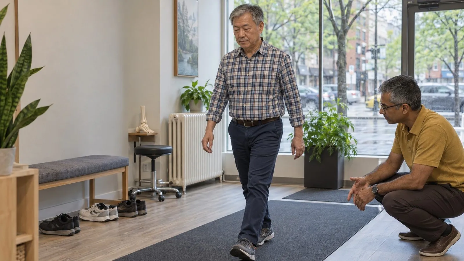 A physiotherapist carefully checks a patient’s shoulder movement in a private assessment room
