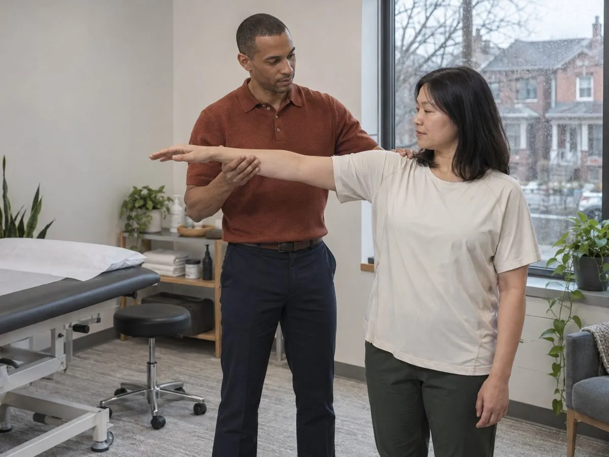 A registered physiotherapist assessing an adult patient's shoulder movement beside a treatment table in a private clinic room.