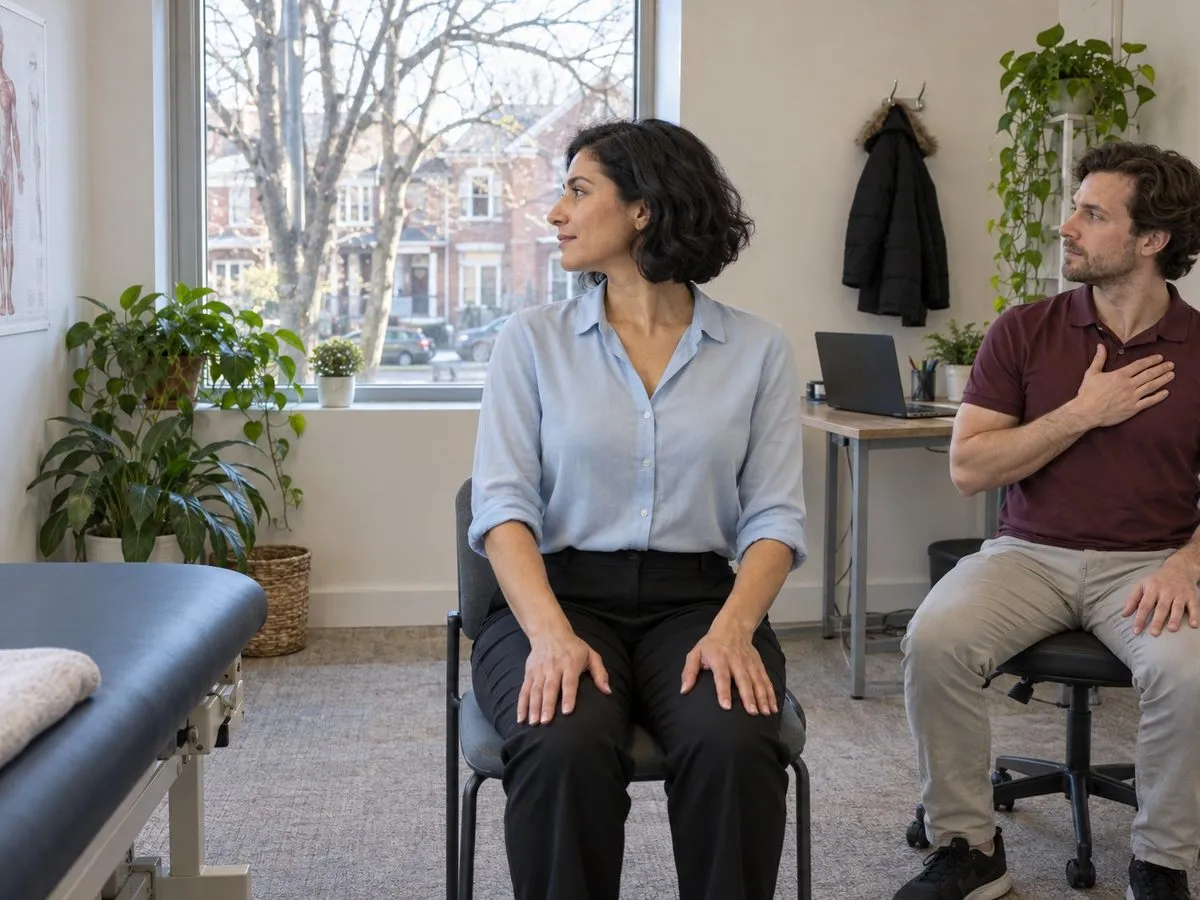 An office worker learning a comfortable neck mobility exercise with a physiotherapist in a bright consultation room.
