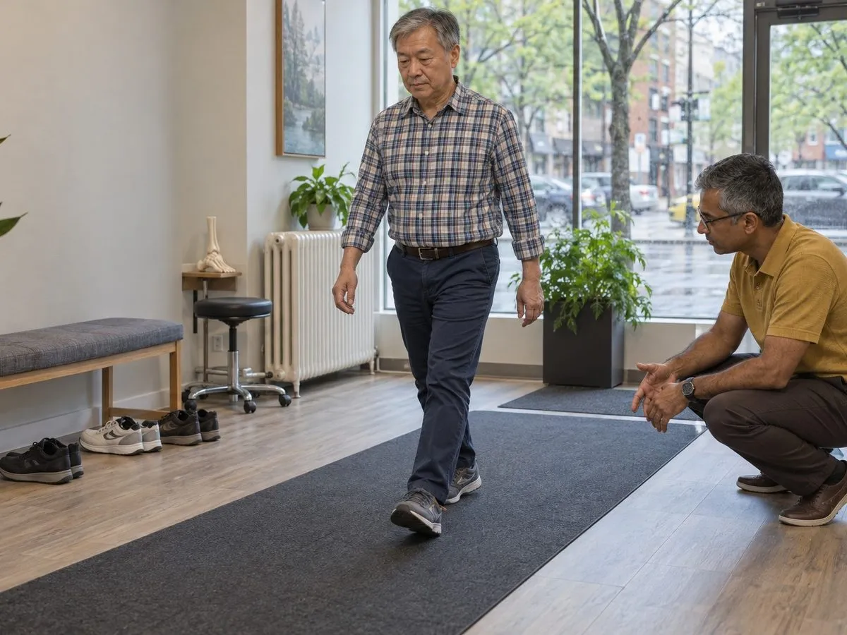 A clinician checking an adult patient's standing foot position during a custom orthotics assessment in the clinic.